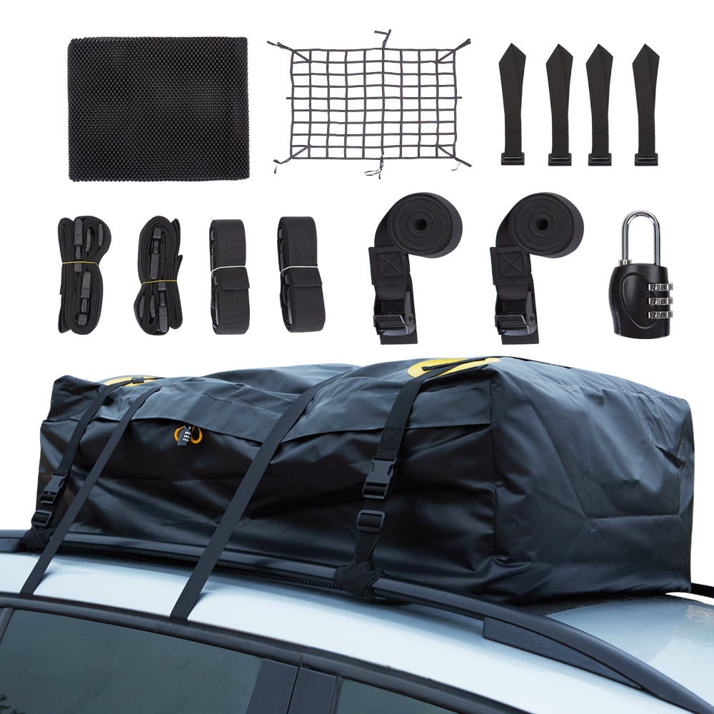 Alfa Gear Waterproof No Blow Off Car Roof Bag Cargo bag Car Roof Top Carrier Soft-Shell Carriers with Extra Tie down Straps,Anti-slip mats,Safety lock,Cargo Net 15 Cu.ft for cars with or without racks